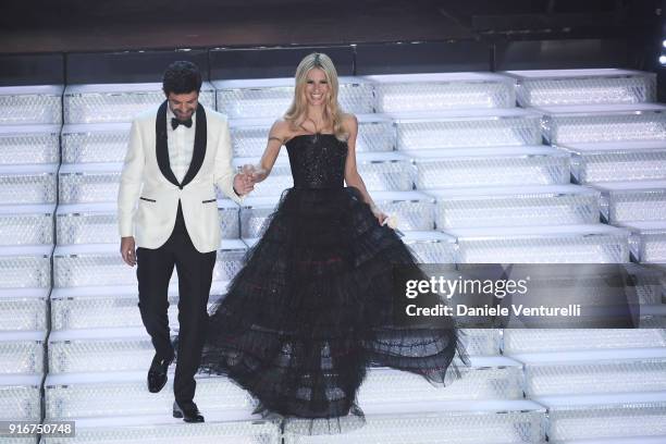 Michelle Hunziker and Pierfrancesco Favino attend the closing night of the 68. Sanremo Music Festival on February 10, 2018 in Sanremo, Italy.