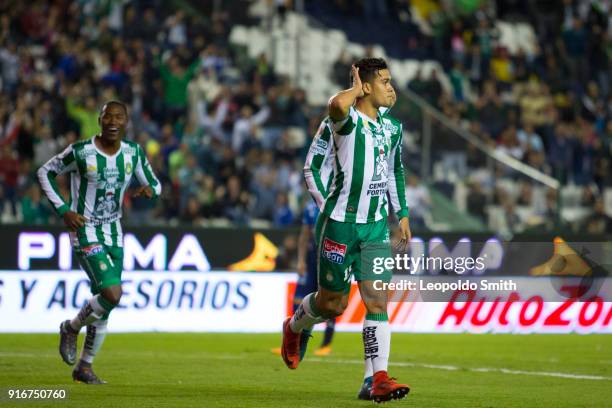 Andres Andrade of Leon celebrates after scoring the second goal of his team during the 6th round match between Leon and Puebla as part of the Torneo...