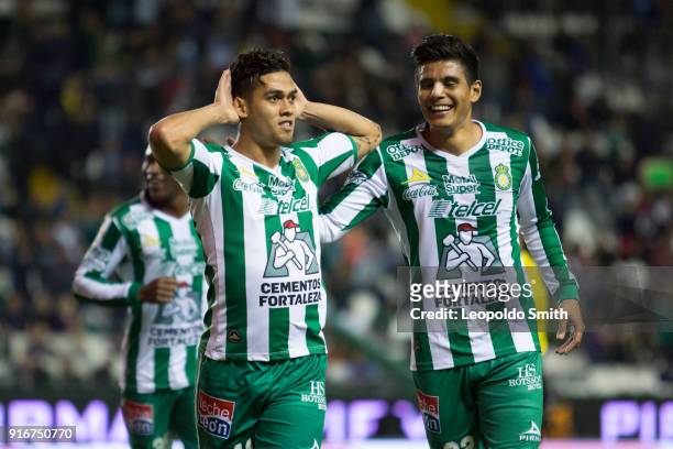 Andres Andrade of Leon celebrates after scoring the second goal of his team during the 6th round match between Leon and Puebla as part of the Torneo...