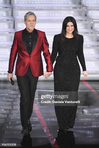 Claudio Baglioni and Laura Pausini attend the closing night of the 68. Sanremo Music Festival on February 10, 2018 in Sanremo, Italy.