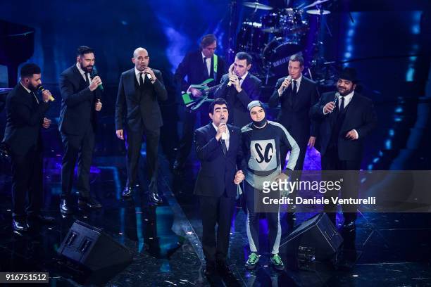 Elio e le Storie Tese attend the closing night of the 68. Sanremo Music Festival on February 10, 2018 in Sanremo, Italy.