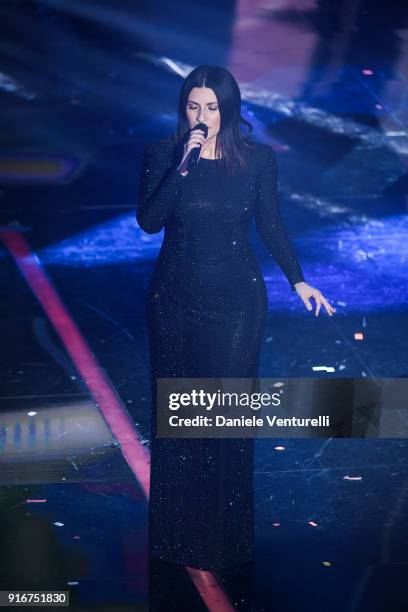 Laura Pausini attends the closing night of the 68. Sanremo Music Festival on February 10, 2018 in Sanremo, Italy.