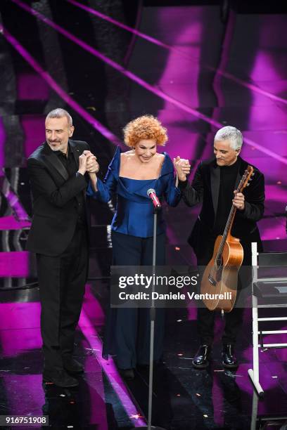 Bungaro, Ornella Vanoni and Pacifico attend the closing night of the 68. Sanremo Music Festival on February 10, 2018 in Sanremo, Italy.