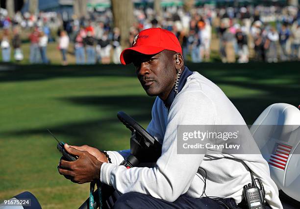 Team Assistant Michael Jordan watches play the during the second round four-ball matches for The Presidents Cup at Harding Park Golf Club on October...