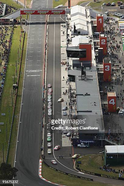 An aerial view of pit straight during pratice for the Bathurst 1000, which is round 10 of the V8 Supercars Championship Series at Mount Panorama on...