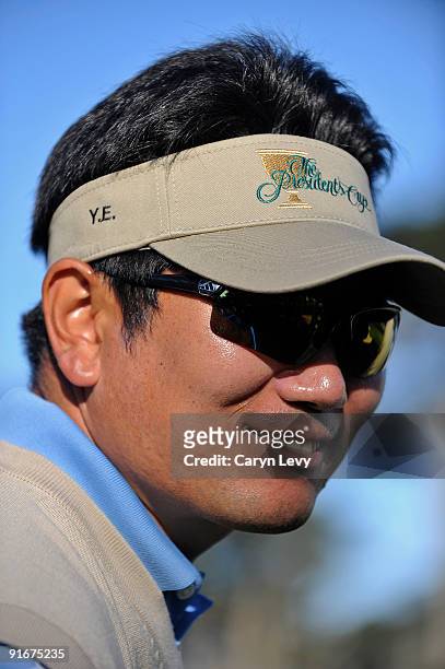 Yang watches his teammates during the second round four-ball matches for The Presidents Cup at Harding Park Golf Club on October 9, 2009 in San...