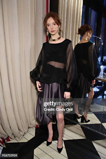 Model prepares backstage during the Jasmine Chong x GBGH Fall 2018 New York Fashion Week Presentation at Baccarat Hotel on February 10, 2018 in New...