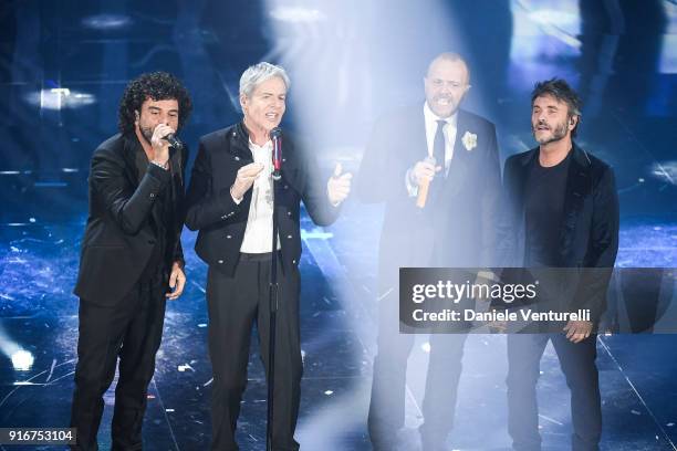 Franncesco Renga, Claudio Baglioni, Max Pezzali and Nek attend the closing night of the 68. Sanremo Music Festival on February 10, 2018 in Sanremo,...