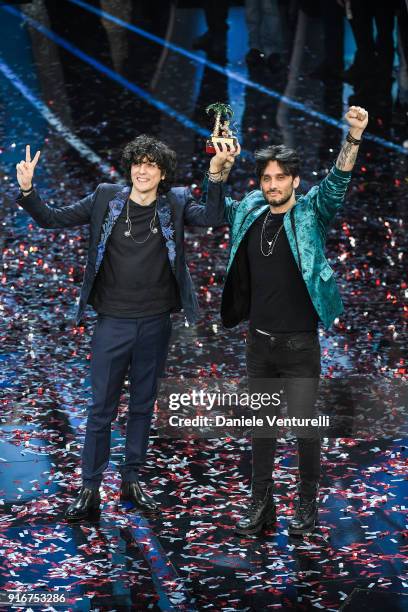 Ermal Meta and Fabrizio Moro, winners of the 68th Italian Music Festival in Sanremo, pose with the award at the Ariston theatre duringthe closing...