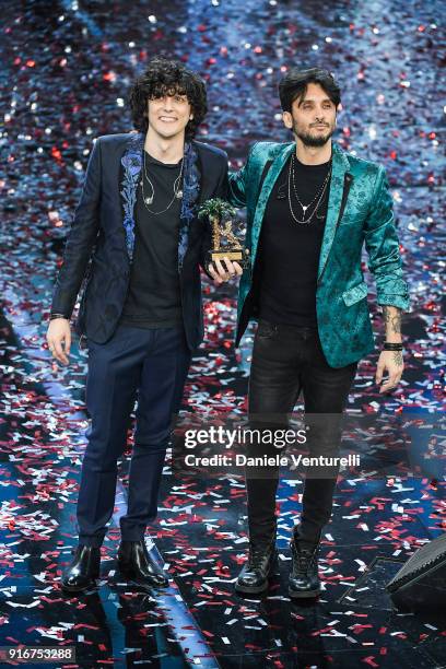 Ermal Meta and Fabrizio Moro, winners of the 68th Italian Music Festival in Sanremo, pose with the award at the Ariston theatre duringthe closing...