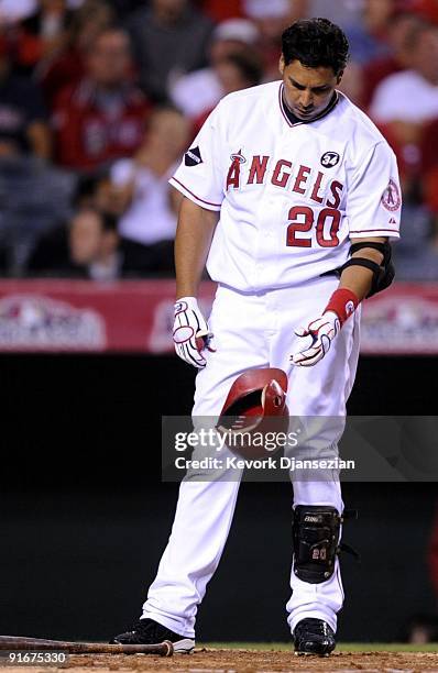 Juan Rivera of the Los Angeles Angels of Anaheim reacts after striking out in the second inning against the Boston Red Sox in Game Two of the ALDS...