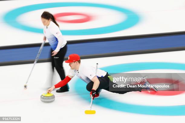 Matt Hamilton and Becca Hamilton of the USA compete during the Curling Mixed Doubles on day two of the PyeongChang 2018 Winter Olympic Games at...
