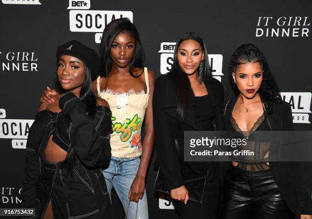 Sandra Lambeck, Leomie Anderson, Jasmine Luv, and Jasmin Brown attend BET's Social Awards 2018 - It Girls Welcome Dinner on February 10, 2018 in...
