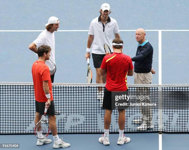 Ross Hutchins of Great Britain, Jordan Kerr of Australia, Christopher Kas of Germany and Jaroslav Levinsky of the Czech Republic are seen before...