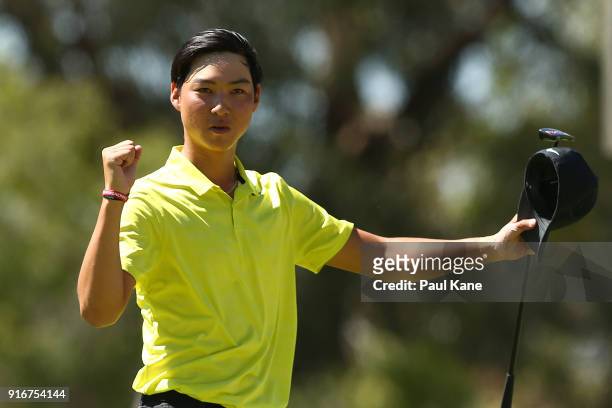 Min Woo Lee of Australia celebrates defeating Prom Meesawat of Thailand in the round 2 match during day four of the World Super 6 at Lake Karrinyup...