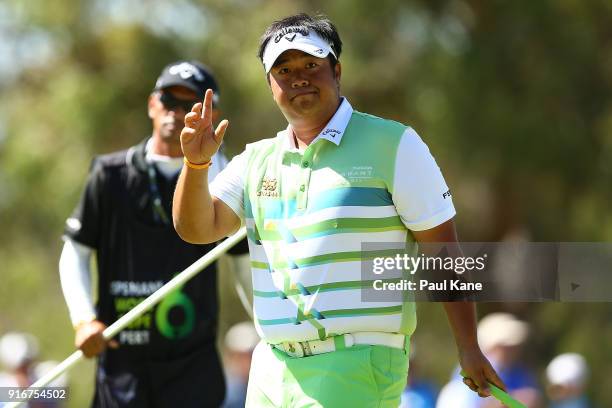 Kiradech Aphibarnrat of Thailand celebrates defeating Ben Eccles of Australia in the round one match during day four of the World Super 6 at Lake...