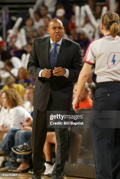 Head Coach Corey Gaines of the Phoenix Mercury argues with Referee Sue Blauch against the Indiana Fever during Game Five of the WNBA Finals on...