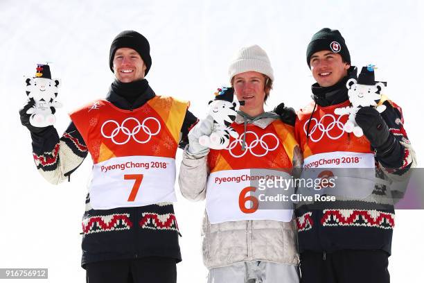 Silver medalist Max Parrot of Canada, gold medalist Redmond Gerard of the United States and bronze medalist Mark McMorris of Canada pose during the...