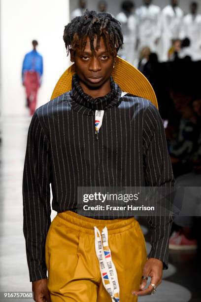 Model walks the runway for Pyer Moss during New York Fashion Week: The Shows at Gallery I at Spring Studios on February 10, 2018 in New York City.