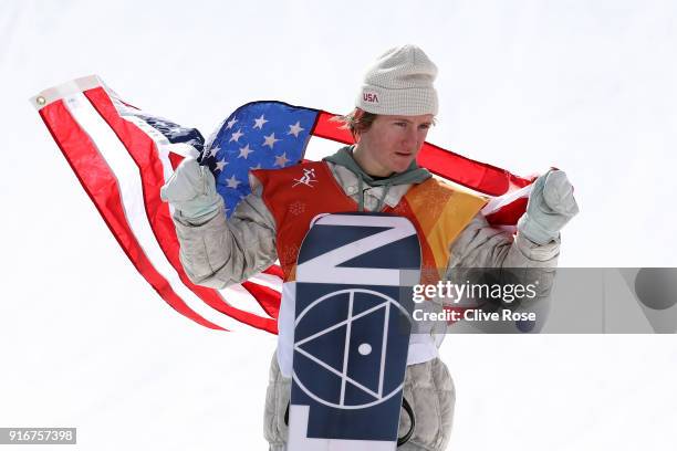 Gold medalist Redmond Gerard of the United States poses during the victory ceremony for the Snowboard Men's Slopestyle Final on day two of the...