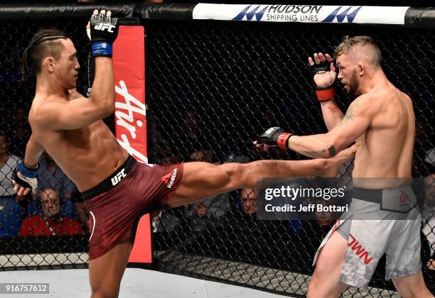 Dong Hyun Kim of South Korea kicks Damien Brown of Australia in their lightweight bout during the UFC 221 event at Perth Arena on February 11, 2018...