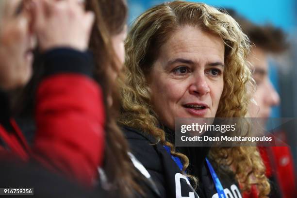 Former astronaut and Canada Governor General, Julie Payette looks on during the Curling Mixed Doubles on day two of the PyeongChang 2018 Winter...