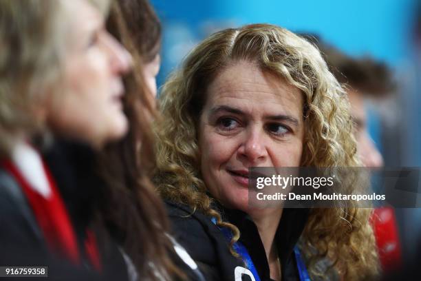 Former astronaut and Canada Governor General, Julie Payette looks on during the Curling Mixed Doubles on day two of the PyeongChang 2018 Winter...