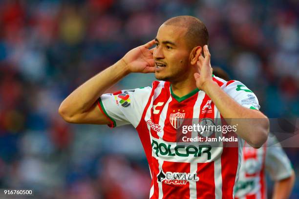 Carlos Gonzalez of Necaxa celebrates after scoring the second goal of his team during the 6th round match between Cruz Azul and Necaxa as part of the...