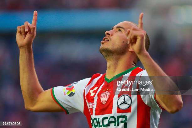 Carlos Gonzalez of Necaxa celebrates after scoring the second goal of his team during the 6th round match between Cruz Azul and Necaxa as part of the...