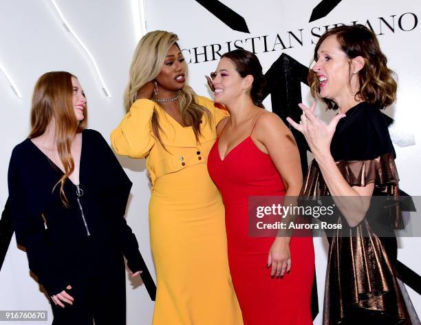 Larsen Thompson, Laverne Cox, Ashley Graham, and Molly Shannon pose backstage at the Christian Siriano show at The Grand Lodge on February 10, 2018...