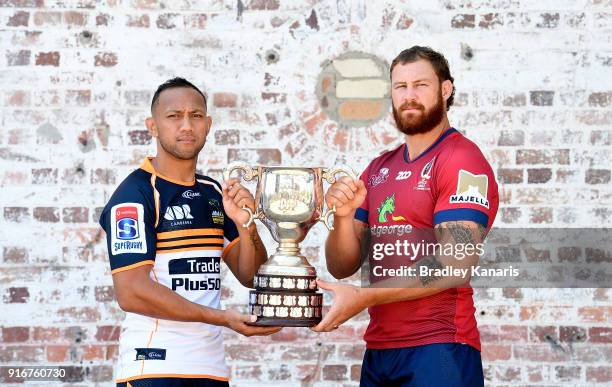 Christian Lealiifano of the Brumbies and Scott Higginbotham of the Reds pose for a photo during the 2018 Super Rugby Season Launch at Brisbane...