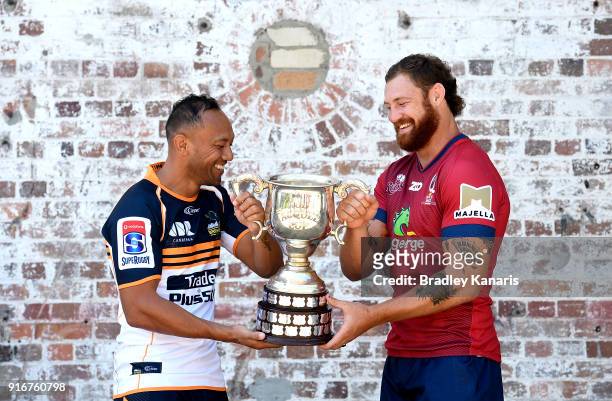 Christian Lealiifano of the Brumbies and Scott Higginbotham of the Reds share a laugh during the 2018 Super Rugby Season Launch at Brisbane...