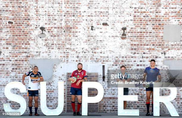 Christian Lealiifano of the Brumbies, Scott Higginbotham of the Reds, Michael Hooper of the Waratahs and Adam Coleman of the Rebels pose for a photo...