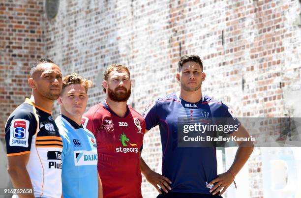 Christian Lealiifano of the Brumbies, Michael Hooper of the Waratahs, Scott Higginbotham of the Reds and Adam Coleman of the Rebels pose for a photo...