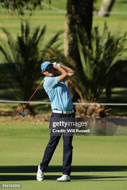 Stephen Leany of Australia plays his second shot on the 2nd hole during day four of the World Super 6 at Lake Karrinyup Country Club on February 11,...