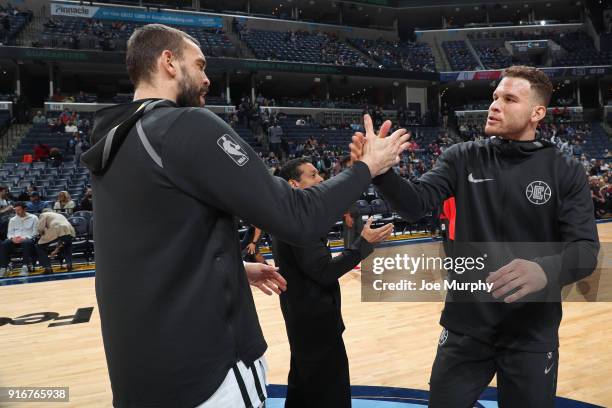 Blake Griffin of the LA Clippers greets Marc Gasol of the Memphis Grizzlies before the game against the two teams on January 26, 2018 at FedExForum...