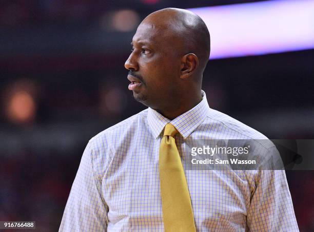 Head coach Allen Edwards of the Wyoming Cowboys looks on during his team's game against the UNLV Rebels game at the Thomas & Mack Center on February...