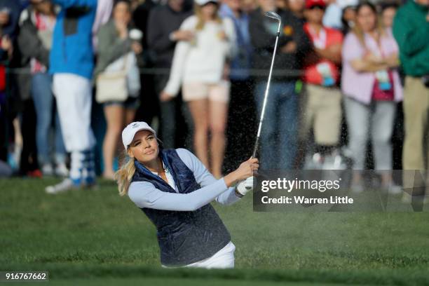 Kelly Rohrbach plays her shot on the 18th hole during Round Three of the AT&T Pebble Beach Pro-Am at Pebble Beach Golf Links on February 10, 2018 in...