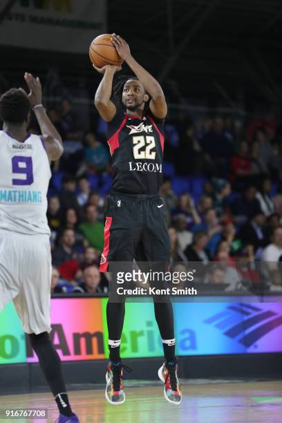 Jeremy Evans of the Erie BayHawks shoots the ball against the Greensboro Swarm on February 10, 2018 in Greensboro, North Carolina. NOTE TO USER: User...
