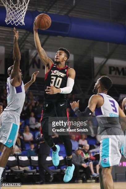 Jaylen Morris of the Erie BayHawks goes to the basket against the Greensboro Swarm on February 10, 2018 in Greensboro, North Carolina. NOTE TO USER:...
