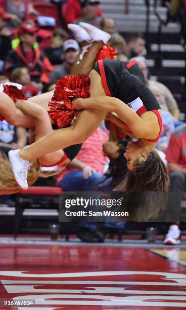 Rebels cheerleaders perform during the team's game against the Wyoming Cowboys at the Thomas & Mack Center on February 10, 2018 in Las Vegas, Nevada....