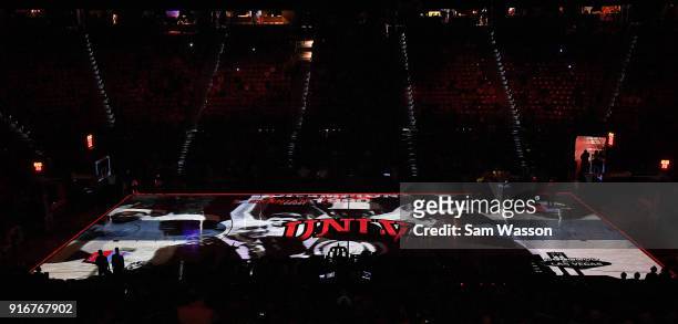 Video projection map is shown on the court before a game between the UNLV Rebels and the Wyoming Cowboys at the Thomas & Mack Center on February 10,...