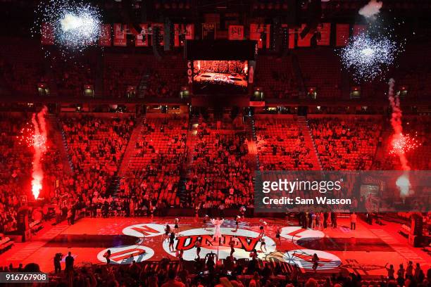 Pyrotechnics shoot off before a game between the UNLV Rebels and the Wyoming Cowboys at the Thomas & Mack Center on February 10, 2018 in Las Vegas,...