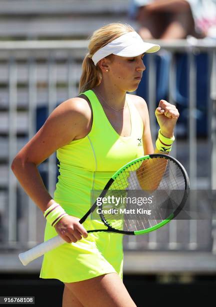 Nadiia Kichenok of Ukraine celebrates winning a point in her singles match against Daria Gavrilova of Australia during the Fed Cup tie between...