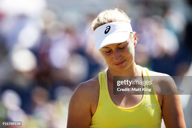 Daria Gavrilova of Australia reacts after losing a point against Nadiia Kichenok of Ukraine during the Fed Cup tie between Australia and the Ukraine...