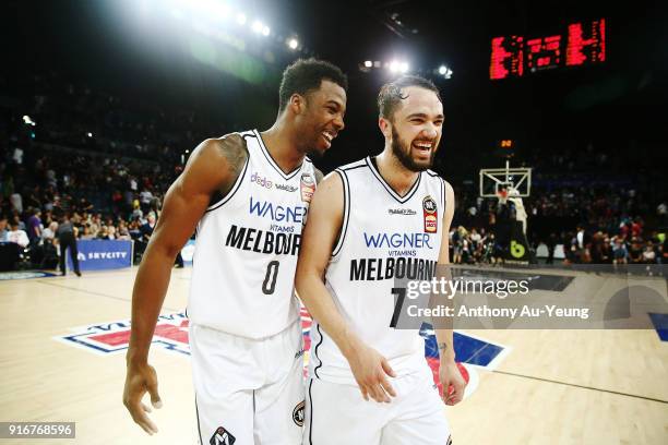 Carrick Felix and Peter Hooley of United celebrate after winning the round 18 NBL match between the New Zealand Breakers and Melbourne United at...