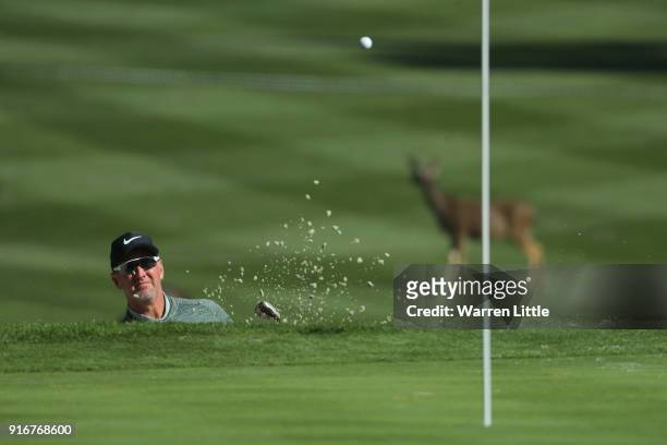 David Duval plays his shot from a bunker on the 14th hole during Round Three of the AT&T Pebble Beach Pro-Am at Spyglass Hill Golf Course on February...