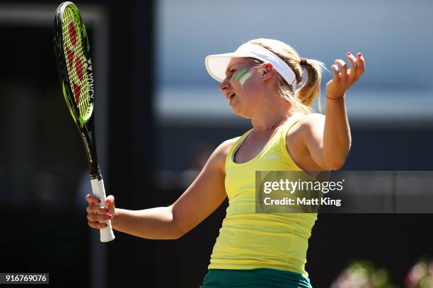 Daria Gavrilova of Australia reacts after losing a point against Nadiia Kichenok of Ukraine during the Fed Cup tie between Australia and the Ukraine...