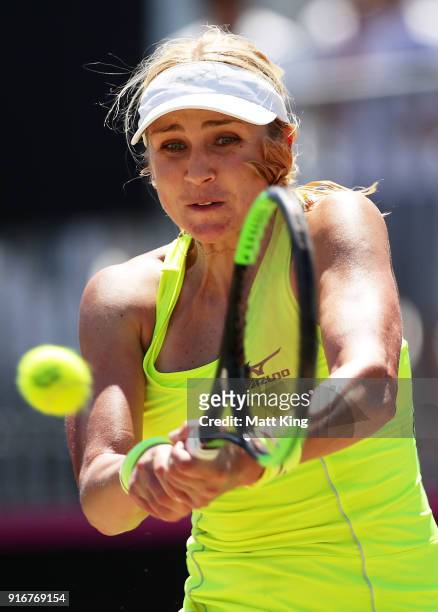 Nadiia Kichenok of Ukraine plays a backhand in her singles match against Daria Gavrilova of Australia during the Fed Cup tie between Australia and...
