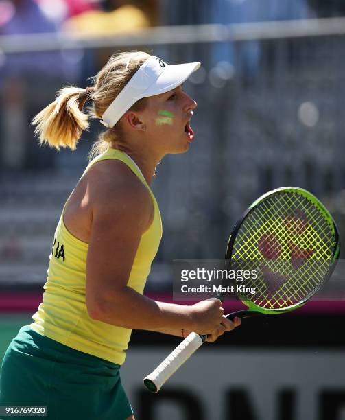 Daria Gavrilova of Australia celebrates winning a point in her singles match against Nadiia Kichenok of Ukraine during the Fed Cup tie between...